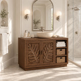Single sink bathroom vanity in natural solid wood with carved doors and basket shelves