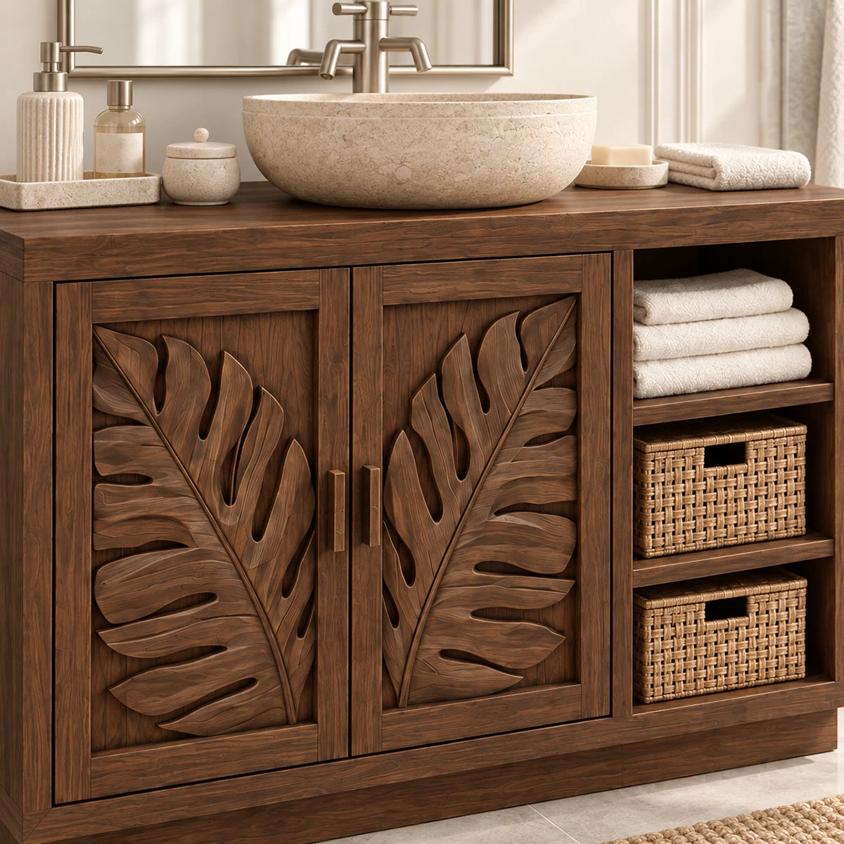 Nature inspired vanity cabinet in natural solid wood with leaf panels and open cubbies