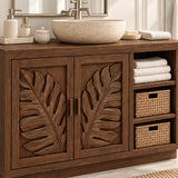 Nature inspired vanity cabinet in natural solid wood with leaf panels and open cubbies