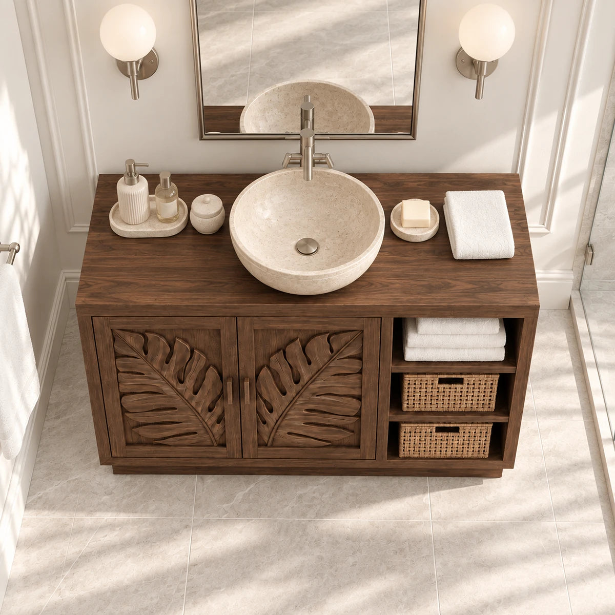 Traditional bathroom vanity in natural solid wood with two doors and side shelving