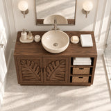 Traditional bathroom vanity in natural solid wood with two doors and side shelving