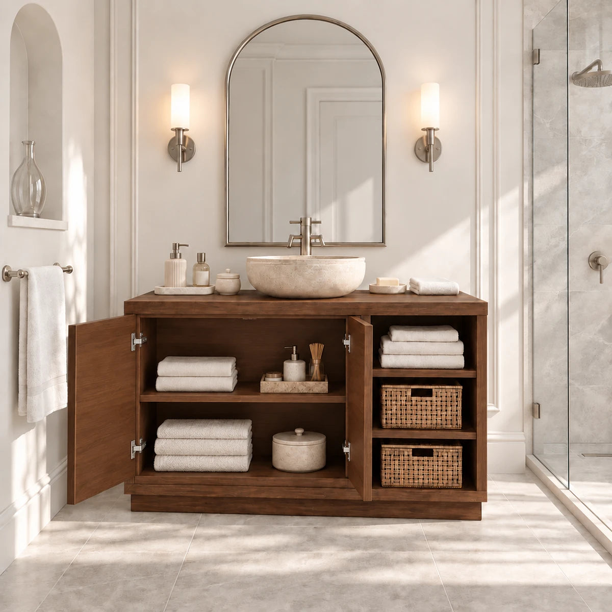 Carved leaf bath vanity in natural solid wood with vessel basin and towel storage