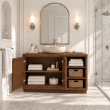 Carved leaf bath vanity in natural solid wood with vessel basin and towel storage