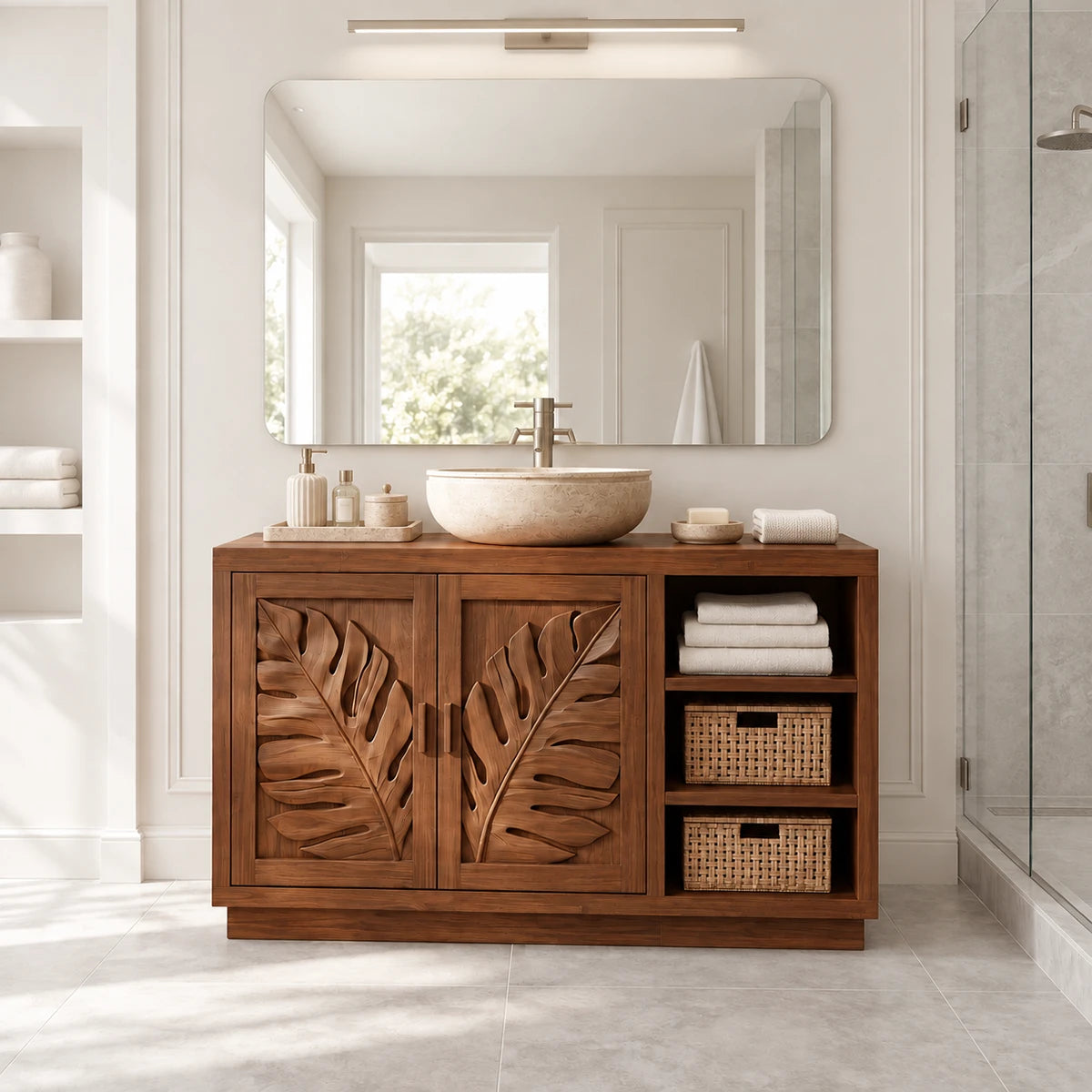Storage bathroom vanity in natural solid wood with open shelves and two cabinet doors