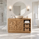 Designer vanity unit in natural solid wood with botanical fronts and basket cubbies