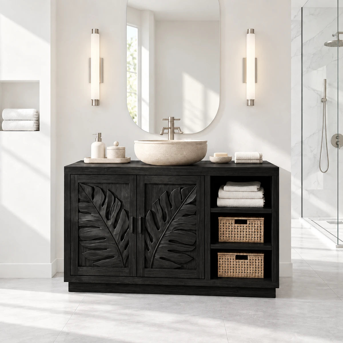Decorative bathroom vanity in natural solid wood with leaf motif doors and basin top