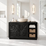 Decorative bathroom vanity in natural solid wood with leaf motif doors and basin top