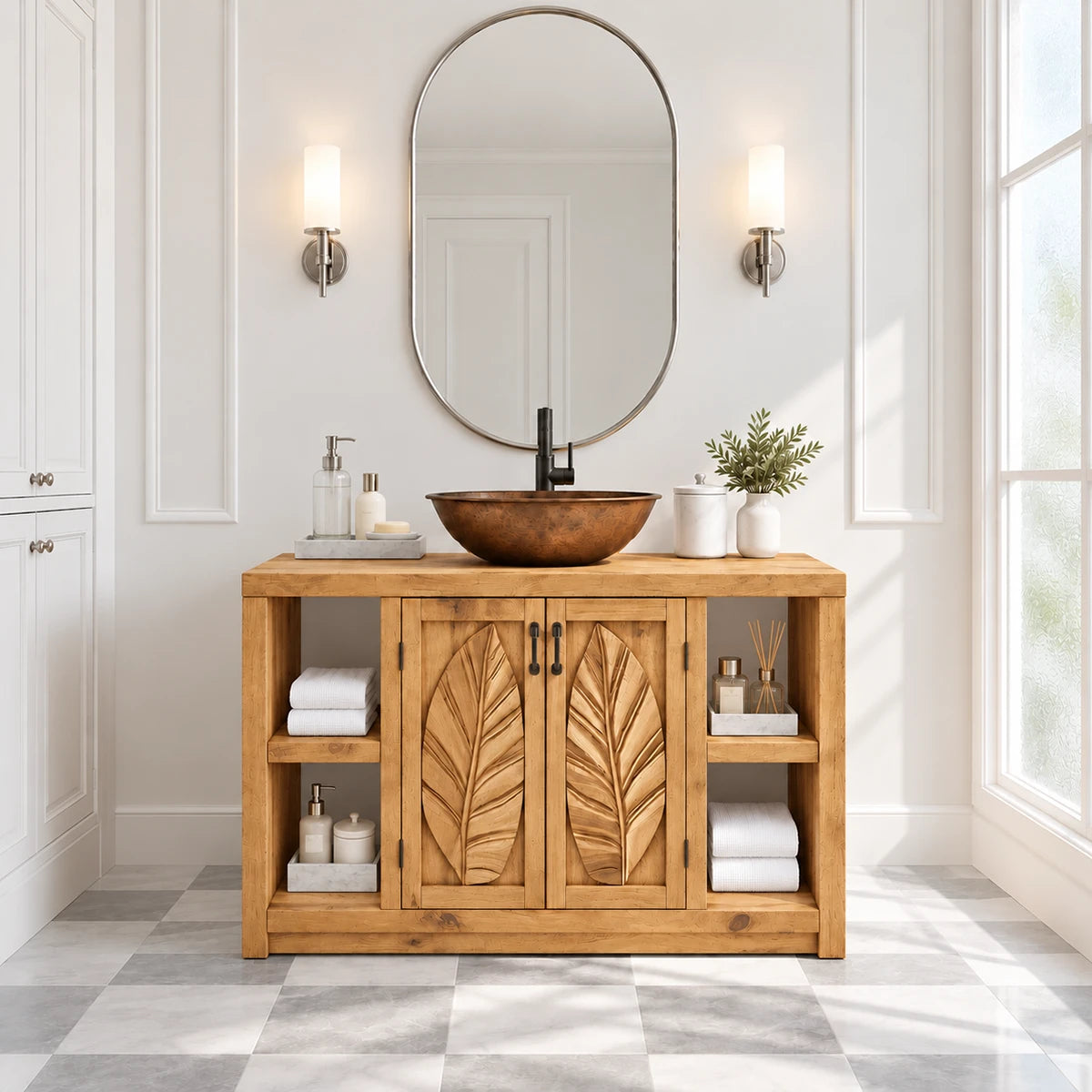 Storage vanity unit in natural solid wood with vessel sink and four open side cubbies