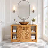Storage vanity unit in natural solid wood with vessel sink and four open side cubbies