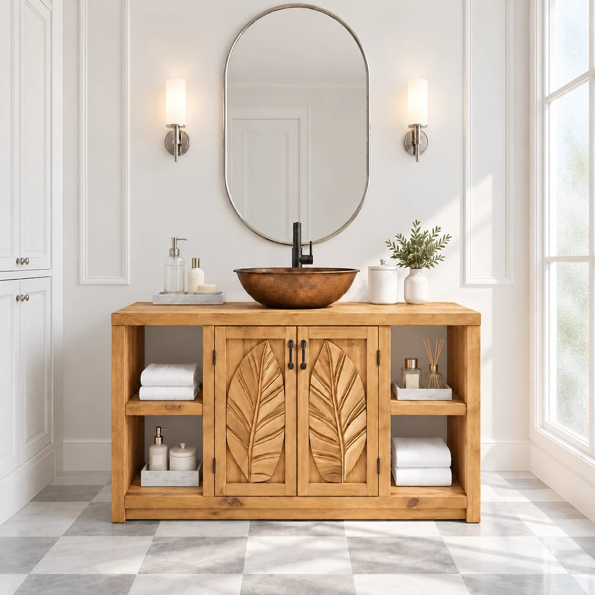 Statement bathroom vanity in natural solid wood with carved doors and shelf storage