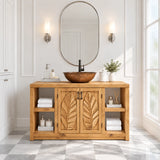 Statement bathroom vanity in natural solid wood with carved doors and shelf storage