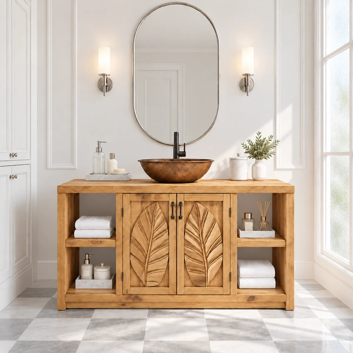 Classic sink vanity in natural solid wood with botanical panels and open side shelving