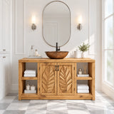 Classic sink vanity in natural solid wood with botanical panels and open side shelving