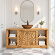 Freestanding bathroom vanity in natural solid wood with leaf doors and open side shelves