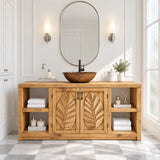 Freestanding bathroom vanity in natural solid wood with leaf doors and open side shelves