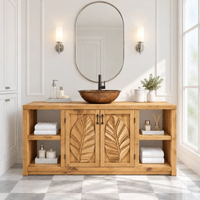 Freestanding bathroom vanity in natural solid wood with leaf doors and open side shelves