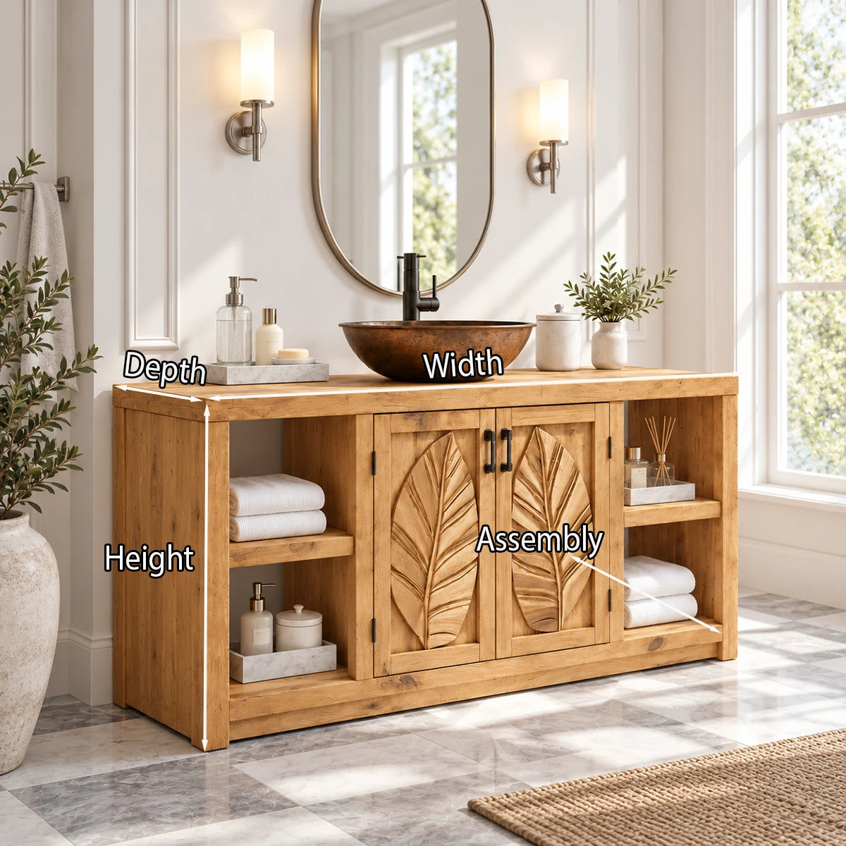 Decorative bathroom vanity in natural solid wood with leaf motif doors and basin top
