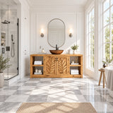 Botanical bathroom vanity in natural solid wood with vessel sink and carved leaf panels