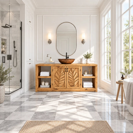Botanical bathroom vanity in natural solid wood with vessel sink and carved leaf panels