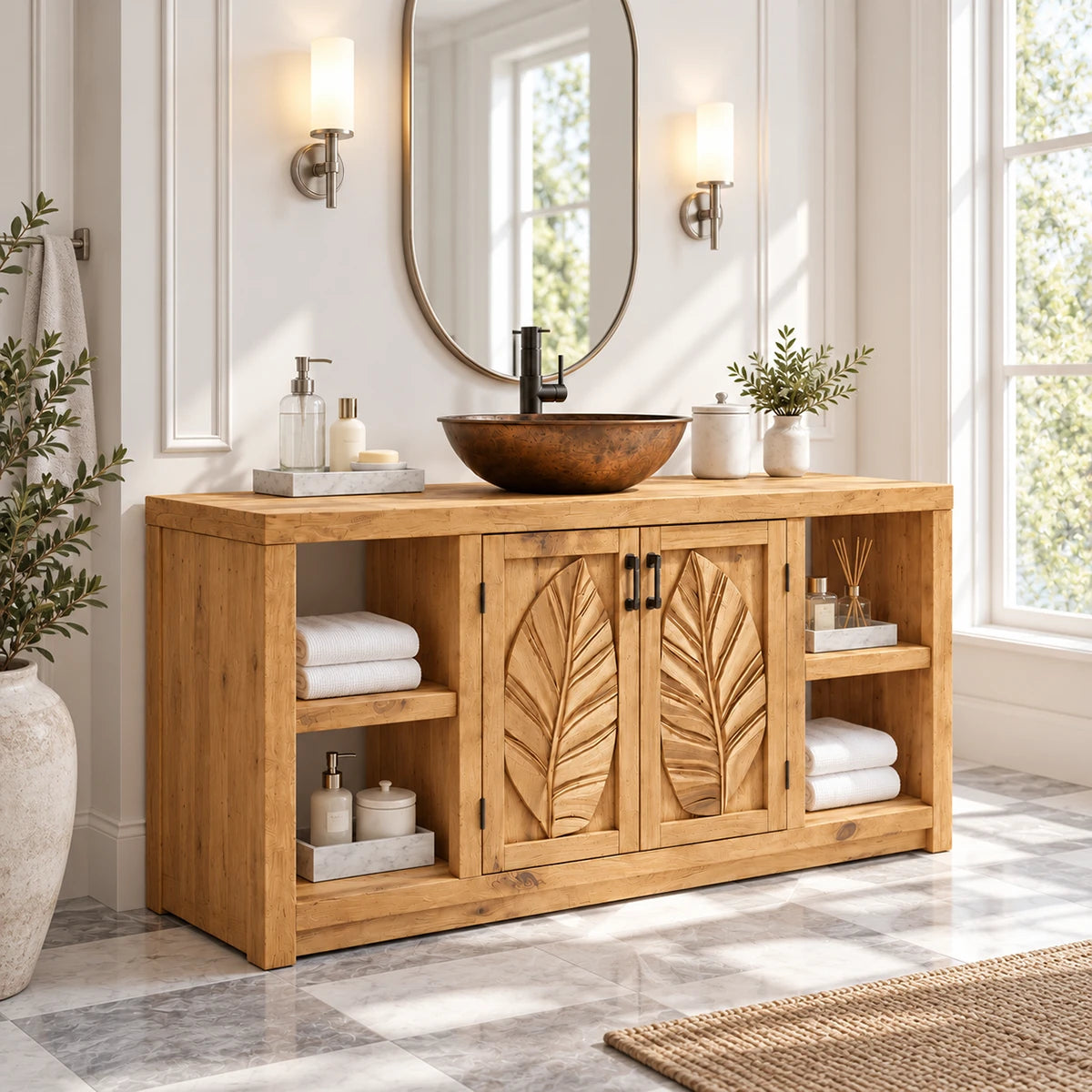 Single sink bathroom vanity in natural solid wood with two doors and open shelf storage