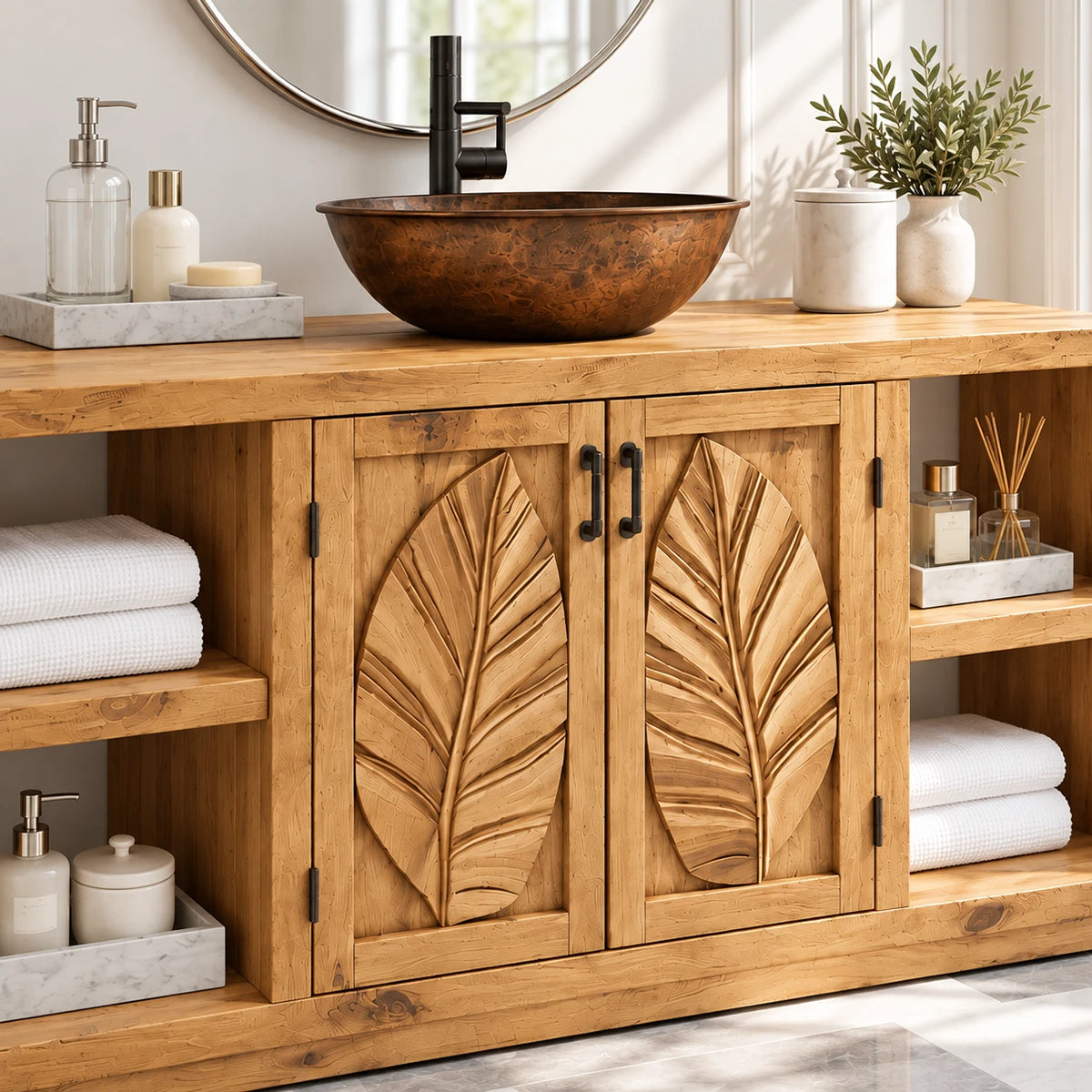 Nature inspired bath vanity in natural solid wood with leaf carvings and side cubbies