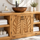 Nature inspired bath vanity in natural solid wood with leaf carvings and side cubbies