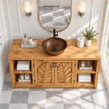 Traditional bathroom vanity in natural solid wood with vessel basin and open shelving