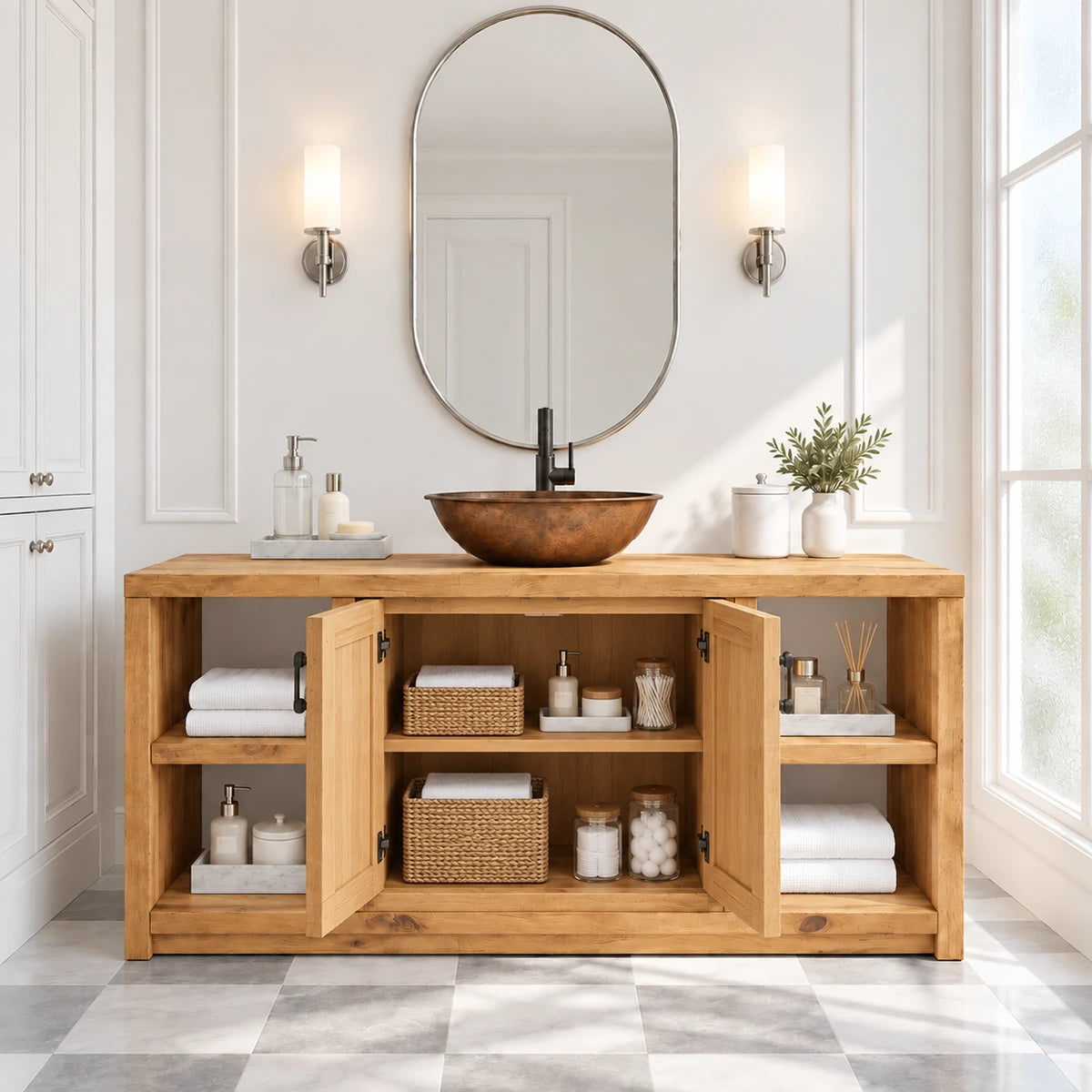 Leaf carved vanity cabinet in natural solid wood with two doors and towel shelves