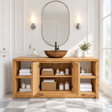 Leaf carved vanity cabinet in natural solid wood with two doors and towel shelves