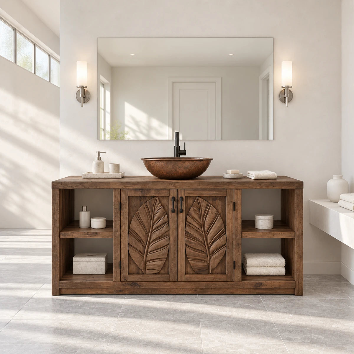 Open shelf bathroom vanity in natural solid wood with botanical doors and vessel sink