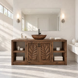 Open shelf bathroom vanity in natural solid wood with botanical doors and vessel sink