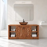 Rustic bathroom vanity in natural solid wood with carved leaf doors and side storage