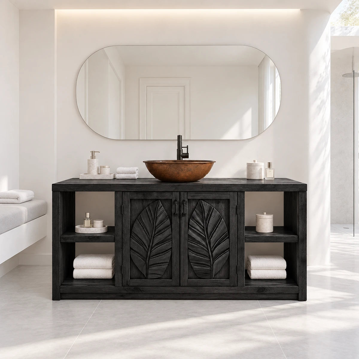 Designer bath vanity in natural solid wood with central doors and open side shelves