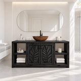 Designer bath vanity in natural solid wood with central doors and open side shelves