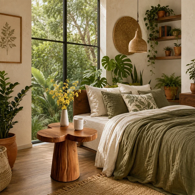 Organic modern side table styled beside the bed in a lush botanical bedroom interior