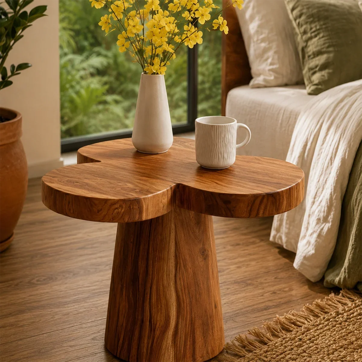 Accent end table featuring a flower shaped top and tapered pedestal base for bedside use