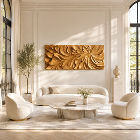 Large wood wall decor featuring layered floral carving above a soft curved sofa