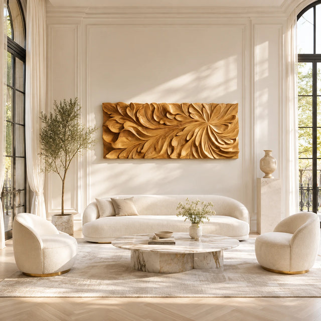 Large wood wall decor featuring layered floral carving above a soft curved sofa