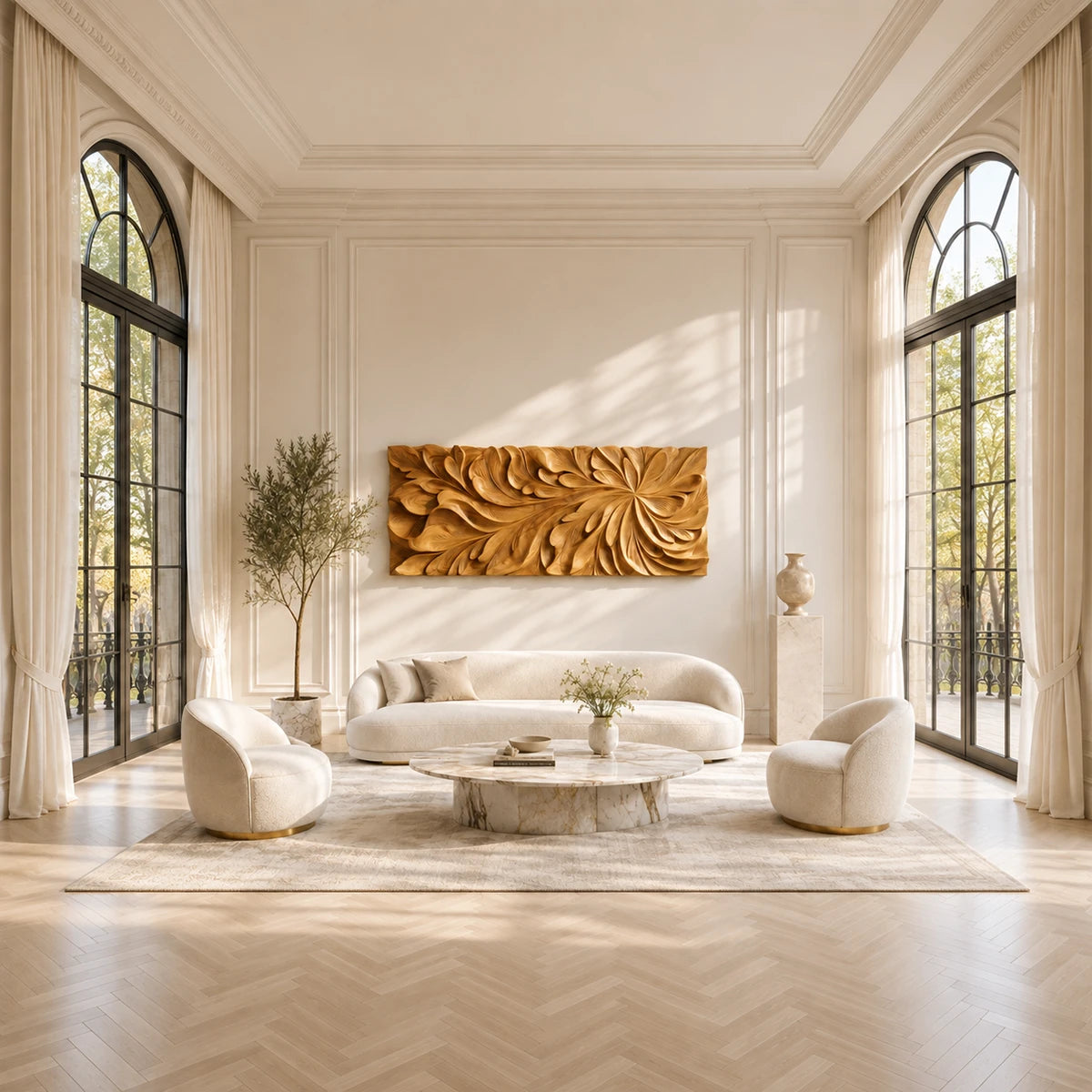Abstract solid wood wall art with flowing botanical relief in a bright elegant lounge