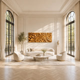 Abstract solid wood wall art with flowing botanical relief in a bright elegant lounge