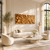 Carved solid wood wall sculpture with petal forms for a refined modern home interior