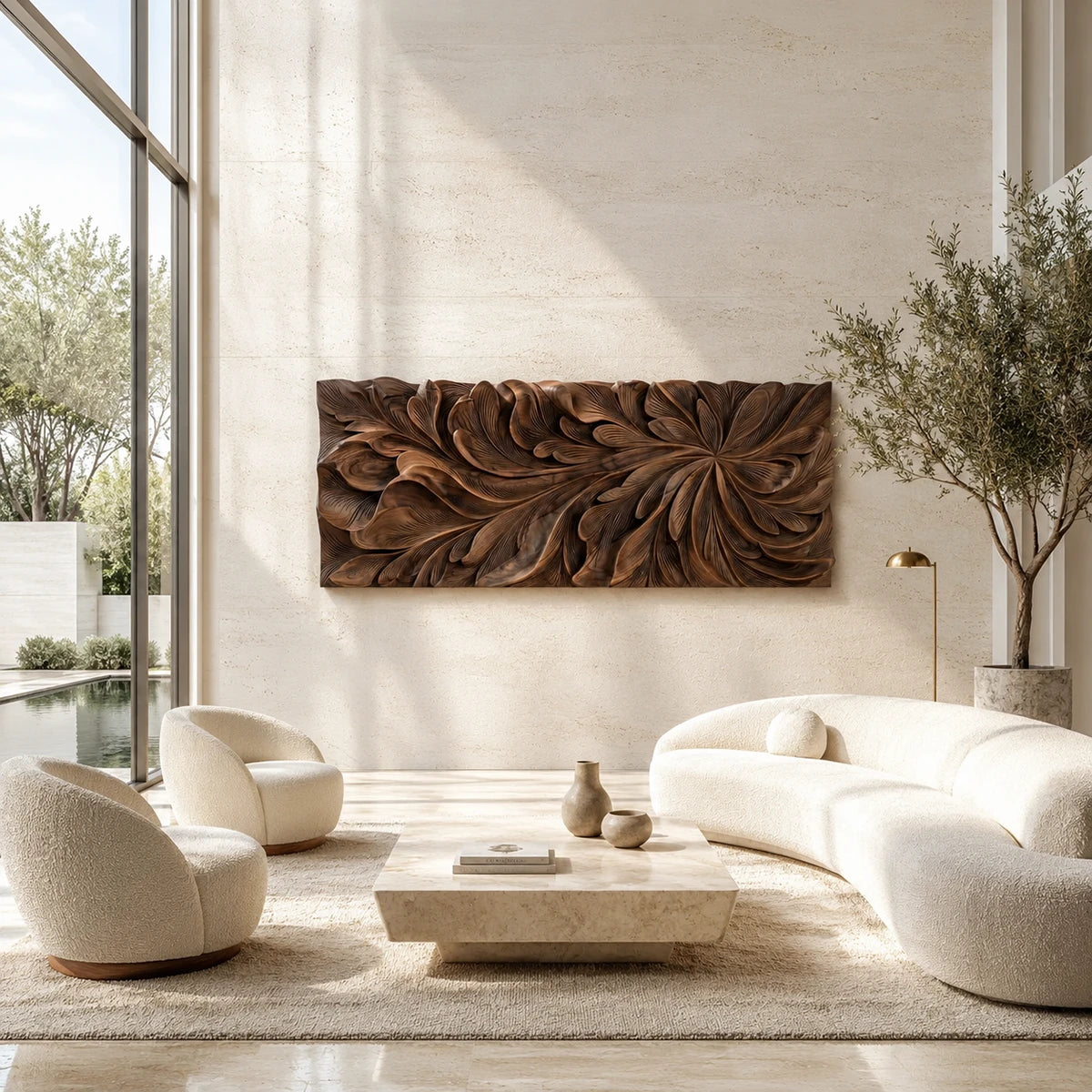 Contemporary solid wood wall decor with sweeping floral relief for serene spaces
