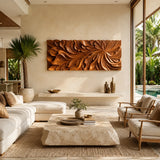Textured wood wall panel with sculpted petals brings depth to a sophisticated room
