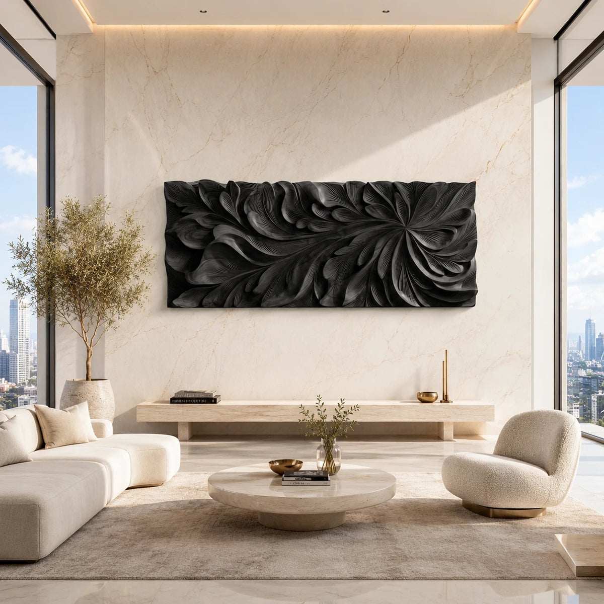 Botanical wall sculpture in solid wood adds movement to an elegant home living space
