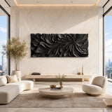 Botanical wall sculpture in solid wood adds movement to an elegant home living space