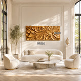 Sculptural wall art in solid wood creates a graceful focal point above the main sofa