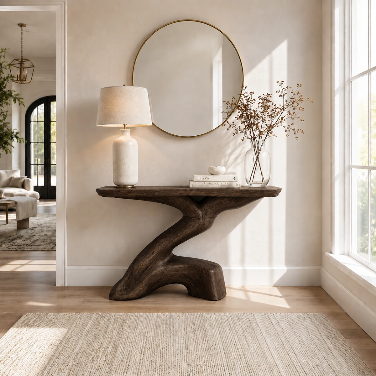 Luxury foyer table with sculptural base and generous surface for decorative accents