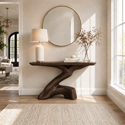 Contemporary console table showcases a fluid pedestal shape in a bright home setting