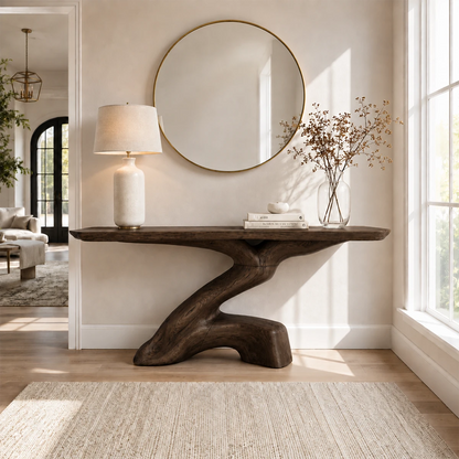 Wood tone console table with sweeping base and clean architectural profile indoors
