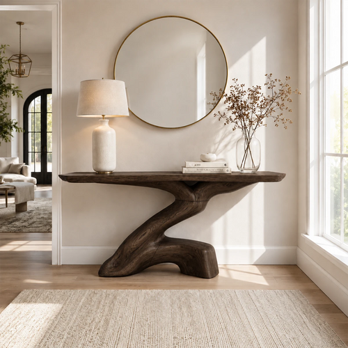 Sculptural console table with branching pedestal base in a bright modern entryway